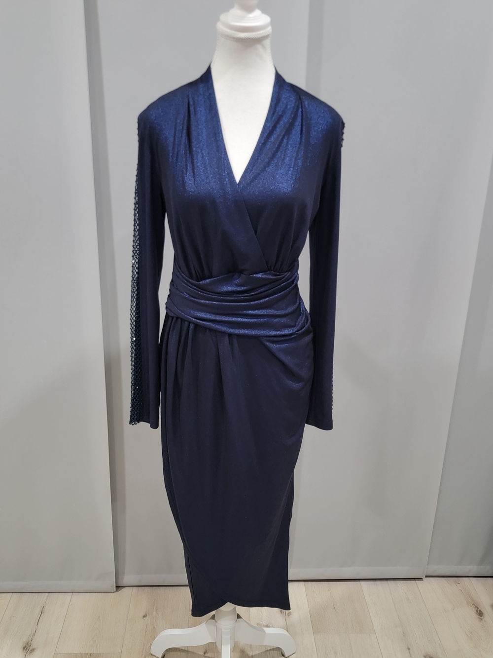Joseph Ribkoff Navy Shimmery Wrap-Style Long Sleeve Midi Dress